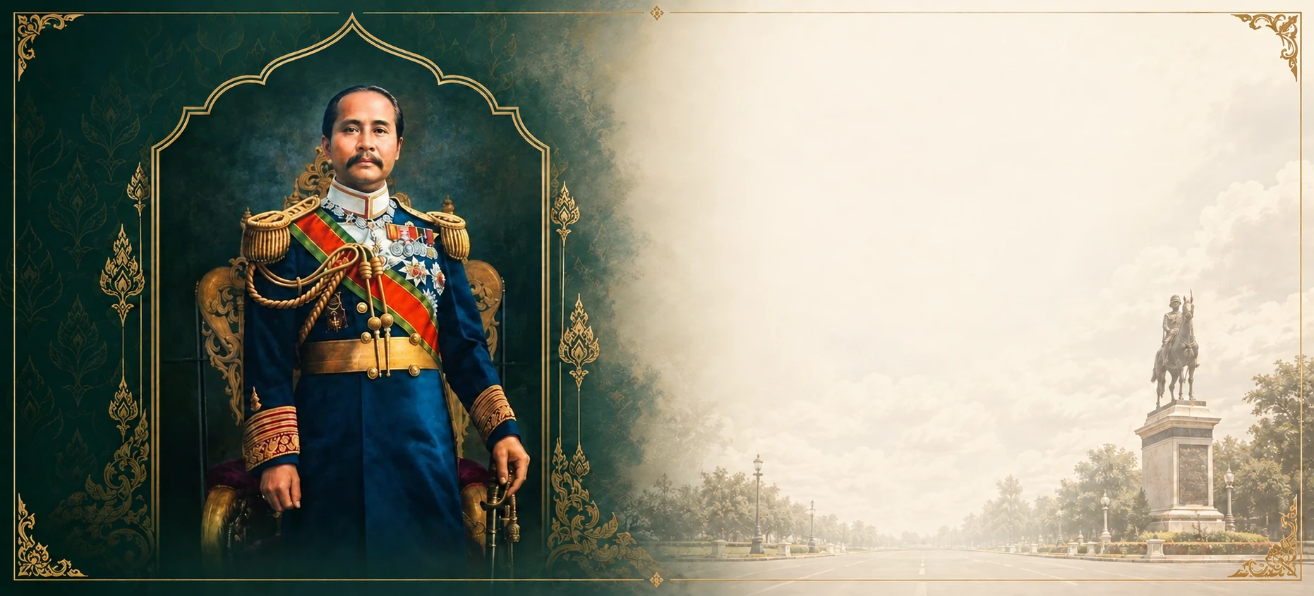 พระบรมฉายาลักษณ์พระบาทสมเด็จพระจุลจอมเกล้าเจ้าอยู่หัว พร้อมลายไทยและพระบรมรูปทรงม้า