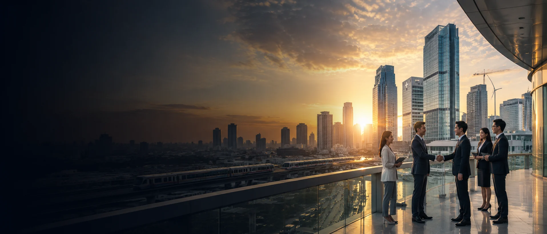 Business partners overlooking Bangkok's modern cityscape